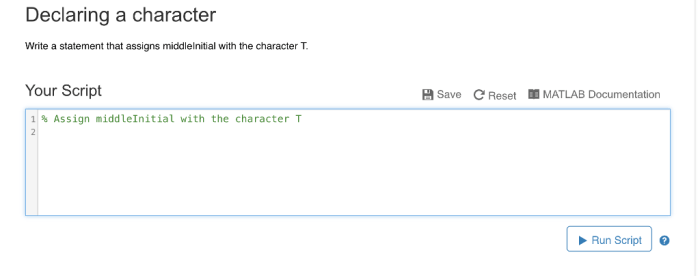 Write a statement that assigns middleinitial with the character t.